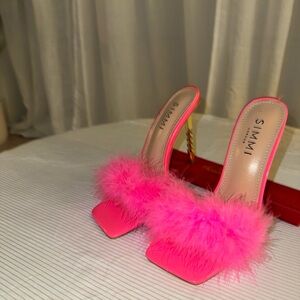 Hot Pink Fluffy Heeled Sandals